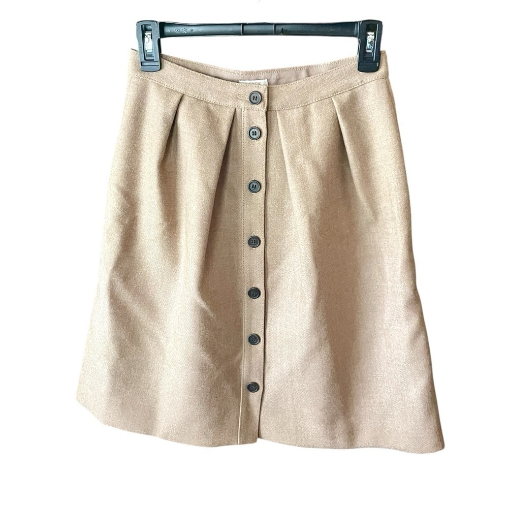 J. Crew 100% wool button front pleated knee length lined a-line skirt SZ 0 tan